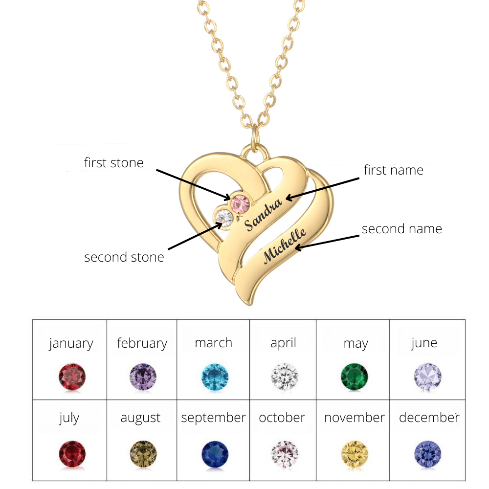 Necklace with united hearts and birthstones